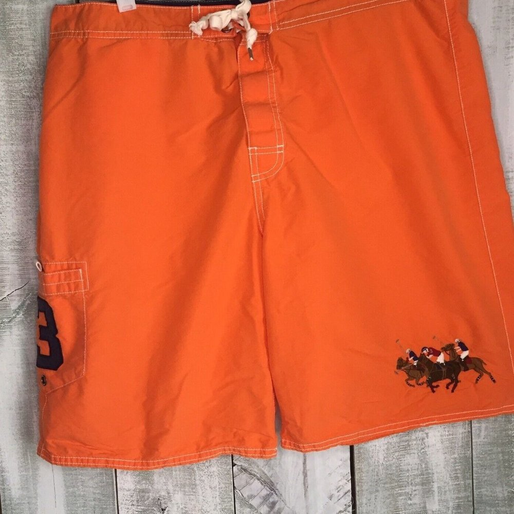 Polo Ralph Lauren Mens 34 Orange Swim Trunks Embroidered 3 Polo Players Unlined